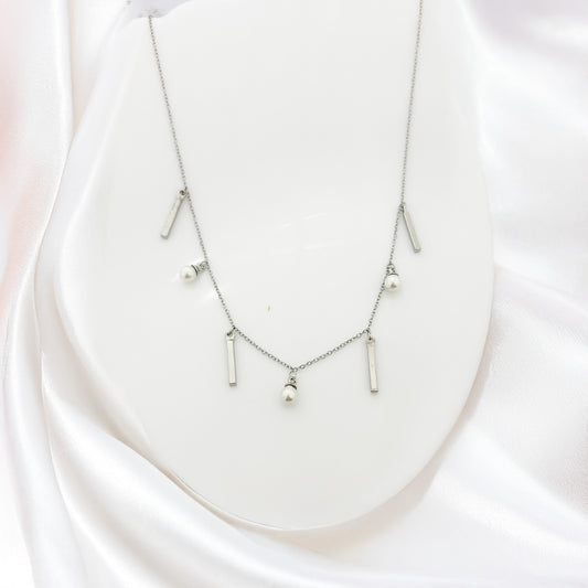 Silver Rectangle & Pearl Charm Women Necklace (Stainless Steel)