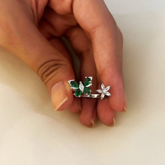 Silver Butterfly Green Stone Women Rings (Adjustable)