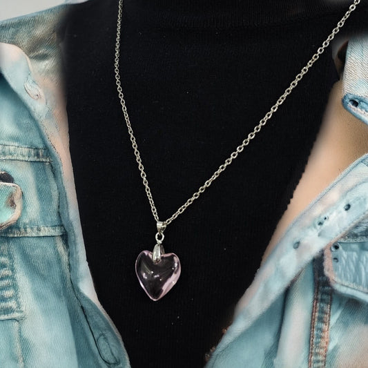Men Pink Heart Crystal Chain Necklace