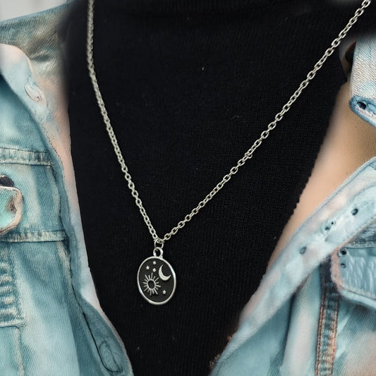 Men Silver Sun & Moon Chain Necklace
