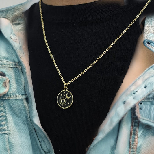 Men Golden Sun & Moon Chain Necklace