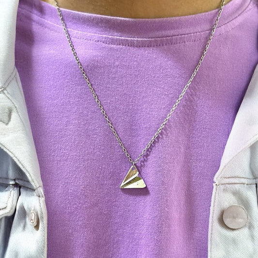 Men Origami Plane Silver Chain Necklace