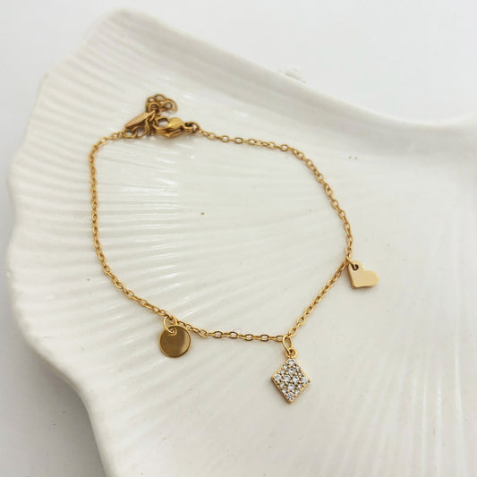 Heart & Circle Charm Golden Bracelet (Anti Tarnish)