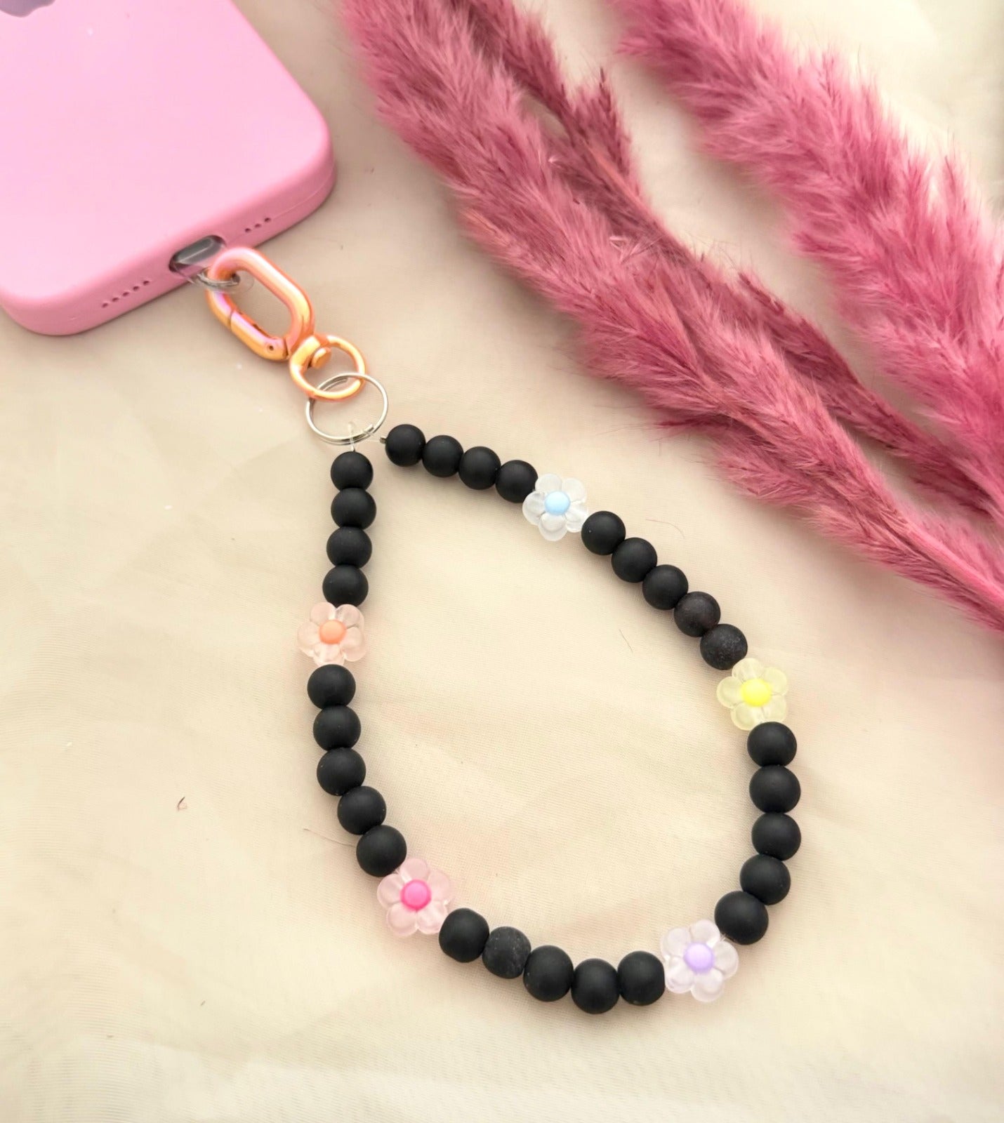 Matt Black Beads Pastel Flower Phone Hanging