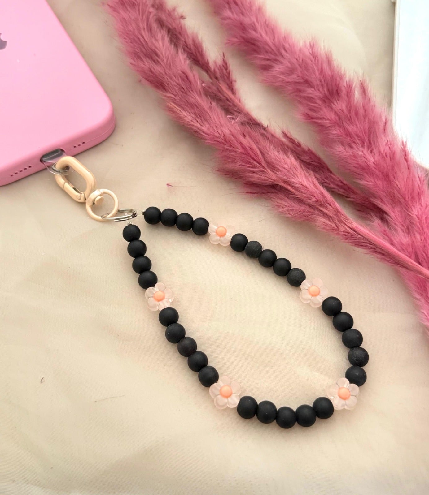 Matt Black Beads Pastel Flower Phone Hanging