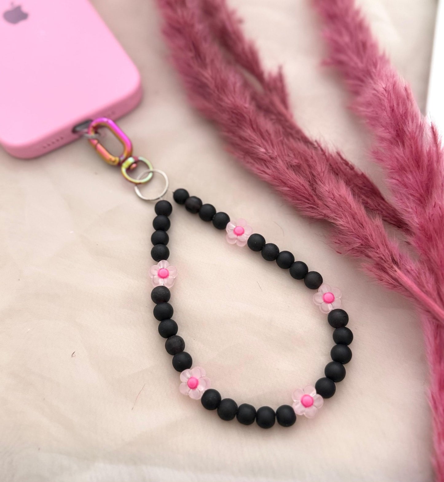 Matt Black Beads Pastel Flower Phone Hanging