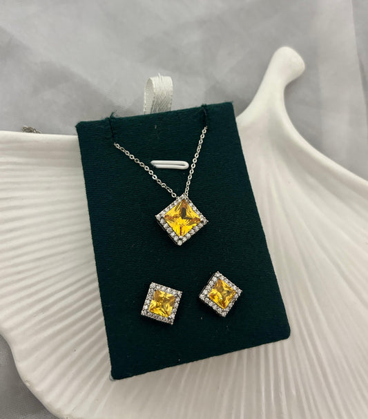 Yellow Square Stone Silver Necklace With Earrings (Anti Tarnish)