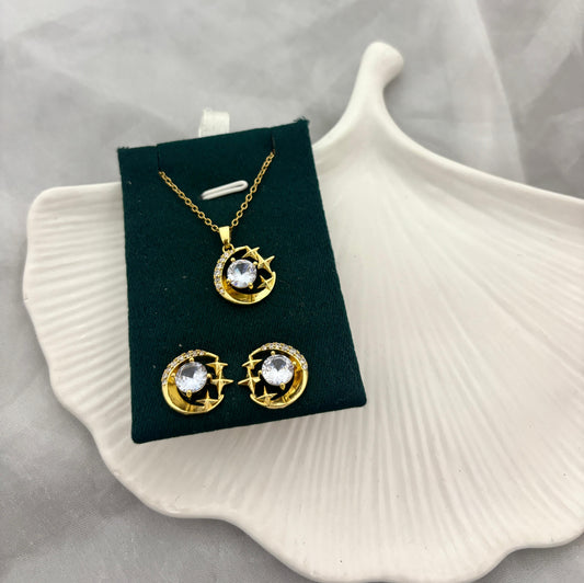 Golden Moon & Star Necklace With Earrings (Anti Tarnish)