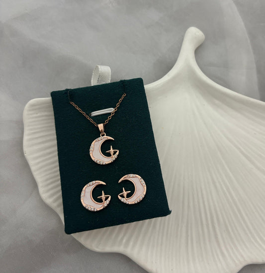 Rose Gold Moon & Star Necklace With Earrings (Anti Tarnish)