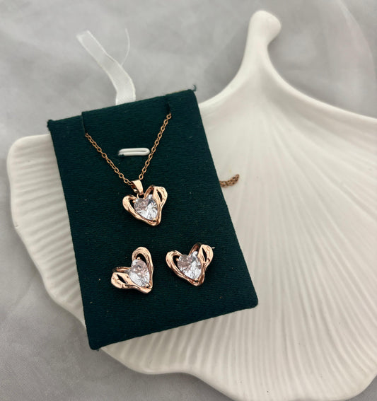Heart Diamond Rose Gold Necklace With Earrings (Anti Tarnish)