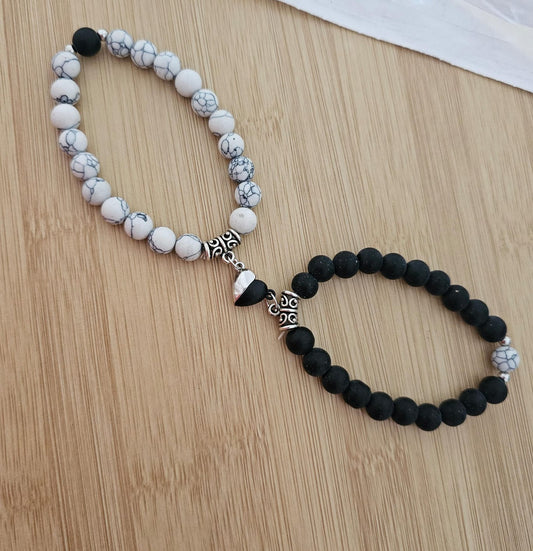 Magnet Heart Marble White & Matt Couple Black Bead Bracelet