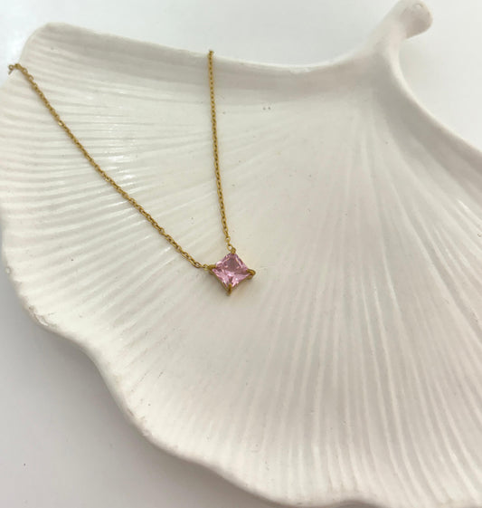 Golden Pink Square Solitaire Women Necklace (Stainless Steel)