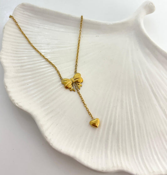 Golden Bow Drop Heart Women Necklace (Stainless Steel)