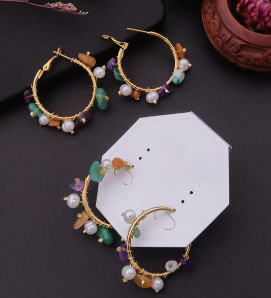 Golden Multicolour Stone Hoops Earrings (Anti Tarnish)