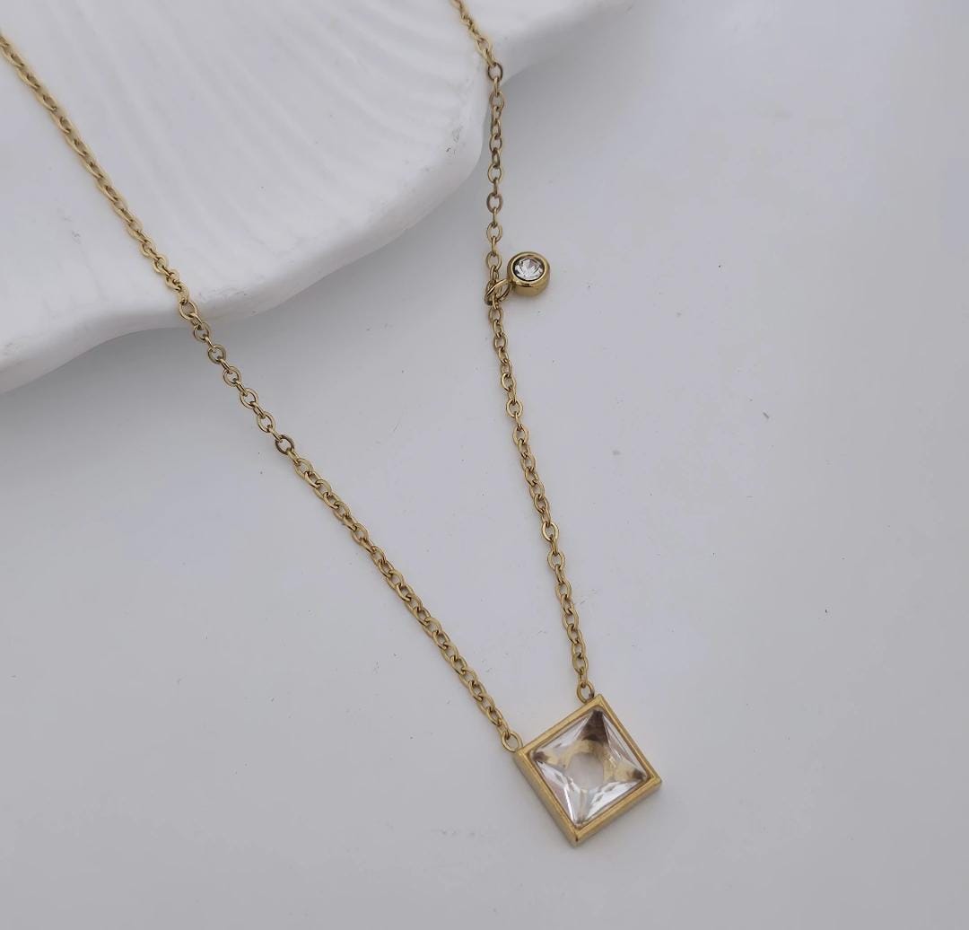 Women White Square Stone Minimal Necklace (Anti Tarnish) - Nimé By Shop Trendys