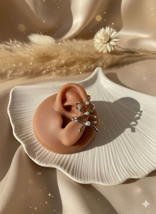 Silver Cross Pearl Earcuff  (Single Ear)