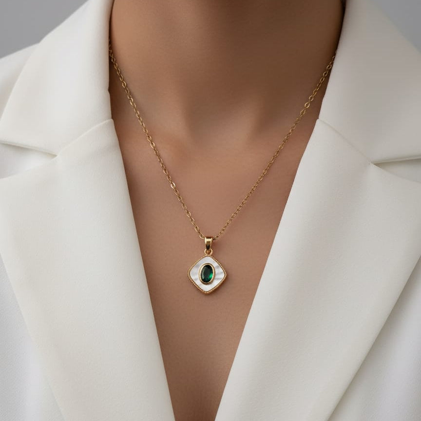 Women Green Stone Mother Of Pearl Necklace (Anti Tarnish) - Nimé By Shop Trendys
