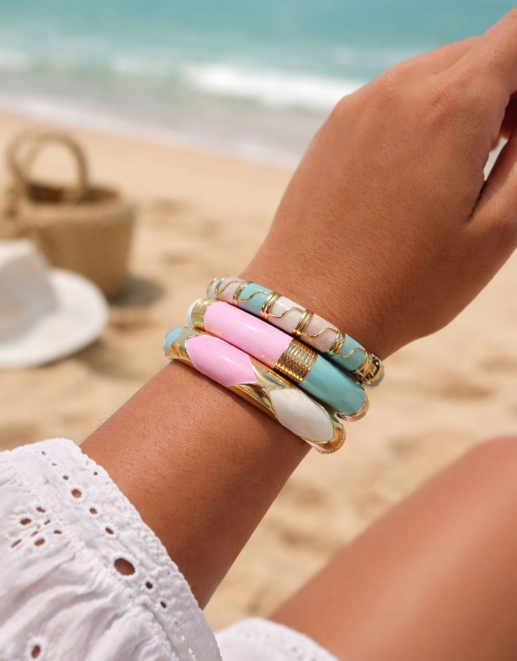 Women Pink Blue Enamel Kada Bracelet Stack (Set of 3) - Nimé By Shop Trendys