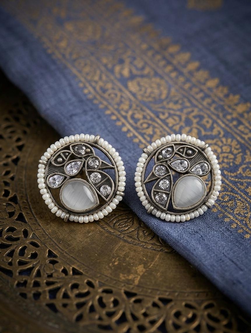 German Silver Stone Pearl Peacock Earrings - Nimé By Shop Trendys