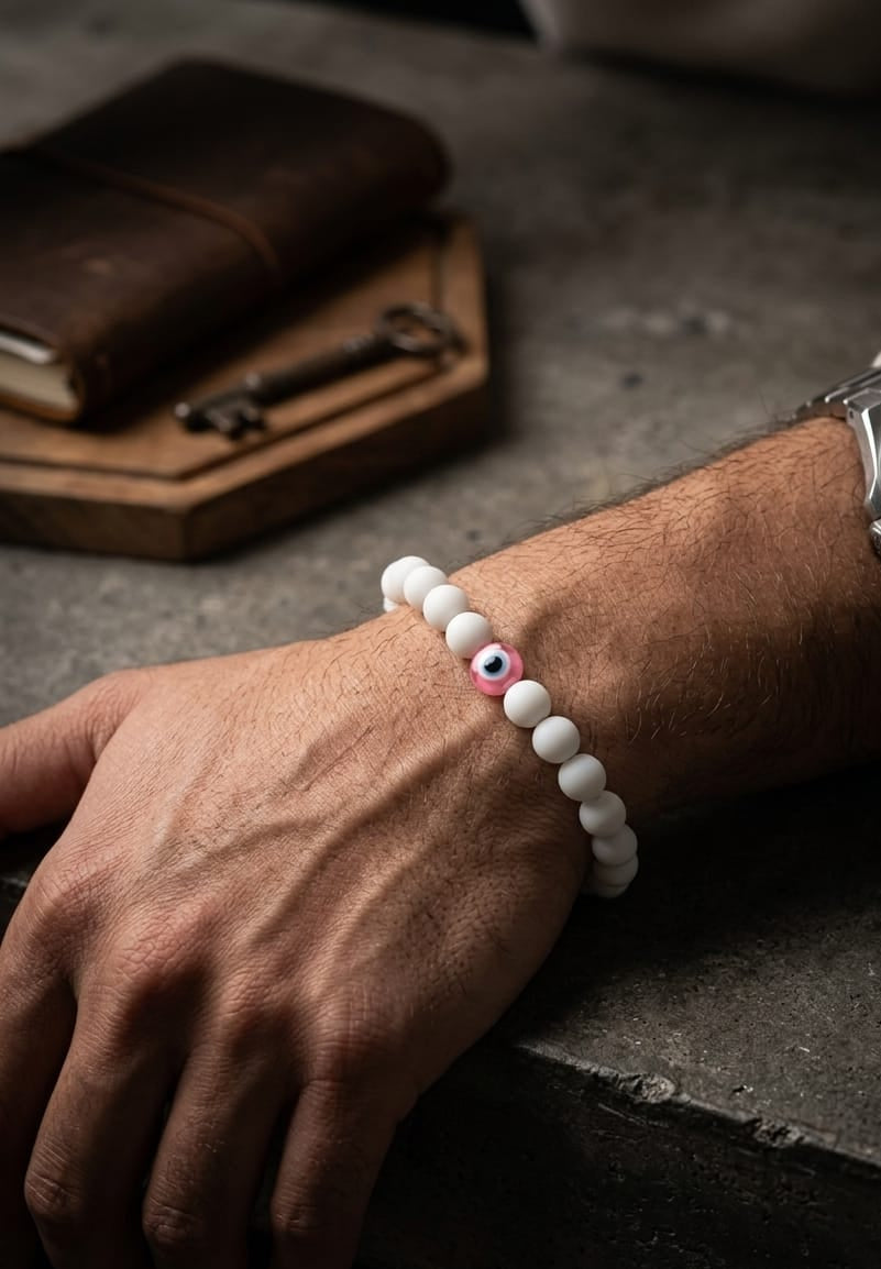 Men Matt White Pink Evil Eye Beads Bracelet - Nimé By Shop Trendys