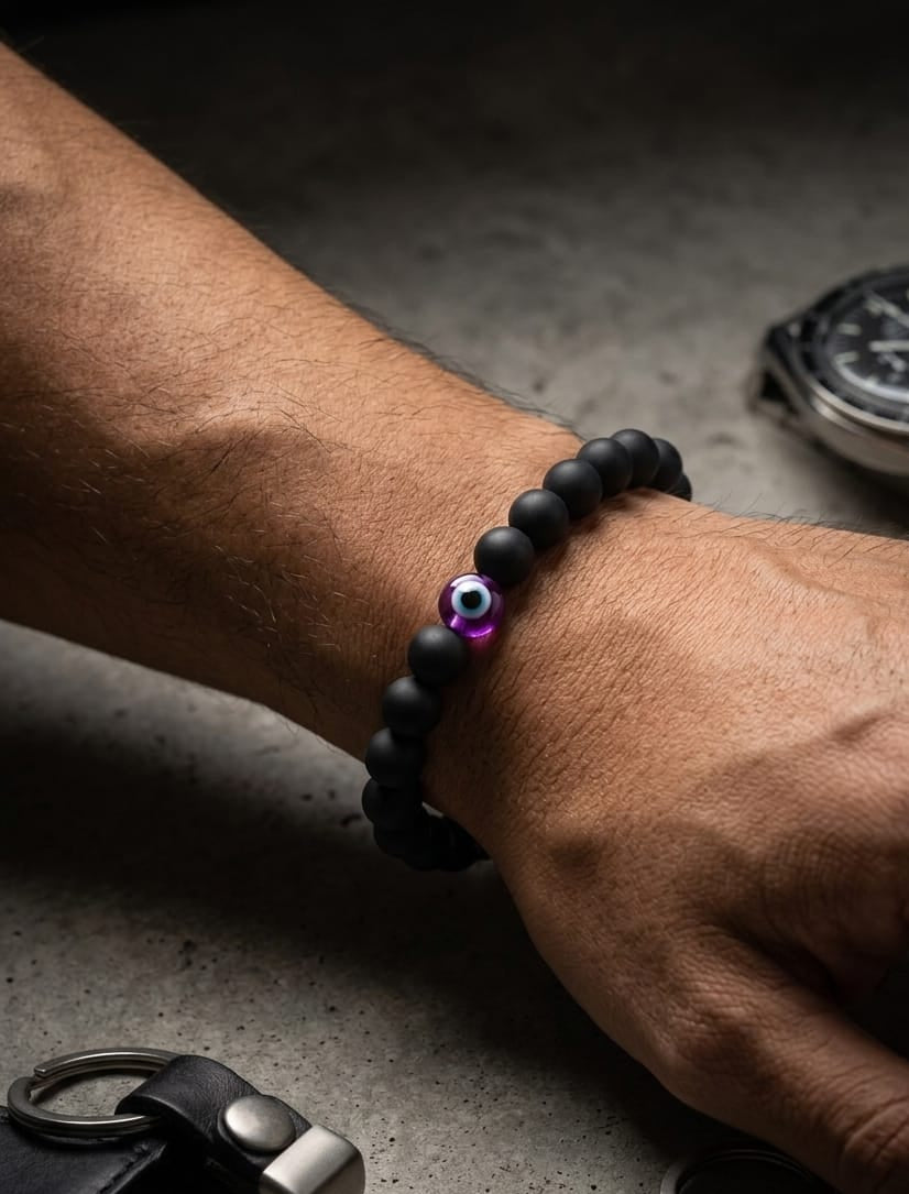 Men Matt Black Purple Evil Eye Bracelet - Nimé By Shop Trendys
