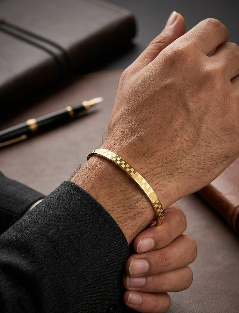 Men Golden Checked Thin Kada Bracelet (Anti Tarnish) - Nimé By Shop Trendys