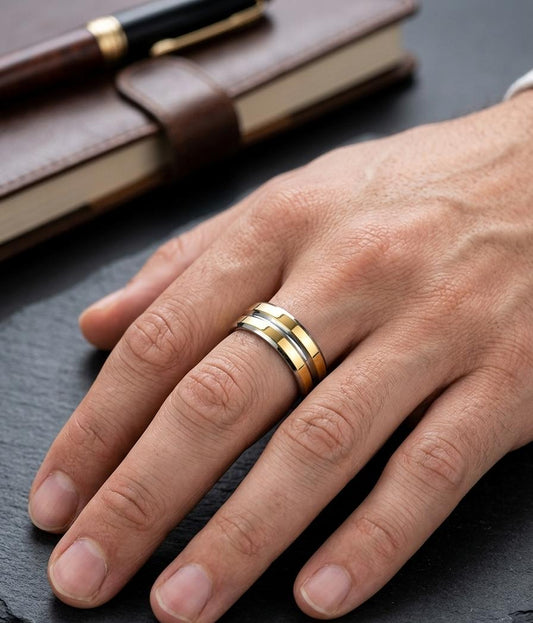 Men Golden Silver Striped Ring