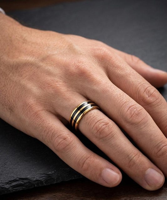 Men Golden Black Striped Ring