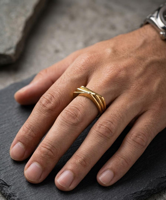 Men Golden Tripple Texture Statement Ring