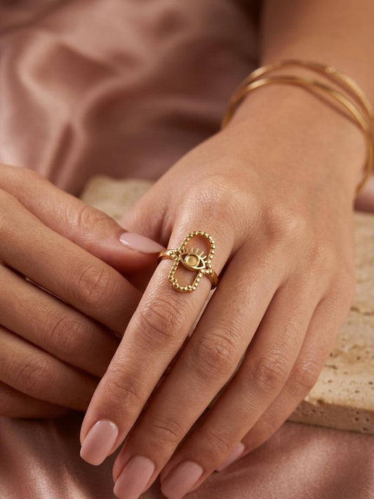 Woman Golden Evil Eye Hamsa Hand Ring (Adjustable) - Nimé By Shop Trendys