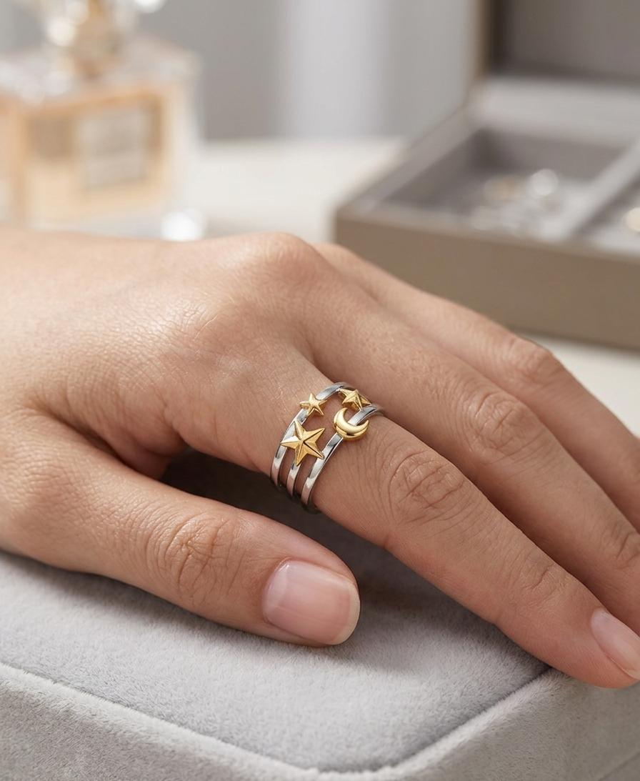 Women Star Moon Dual Tone Adjustable Ring - Nimé By Shop Trendys