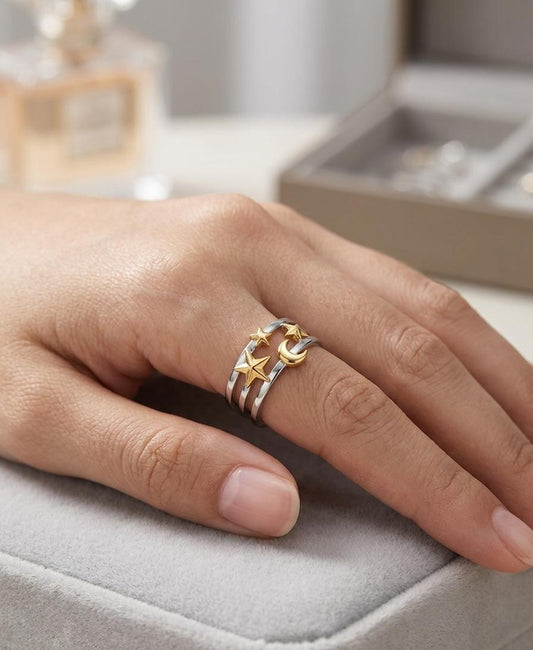 Women Star Moon Dual Tone Adjustable Ring - Nimé By Shop Trendys