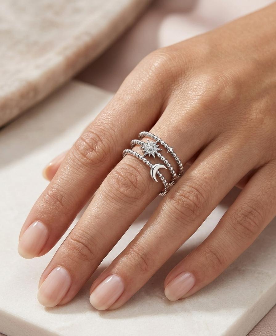 Woman Silver Star Moon Layered Adjustable Ring - Nimé By Shop Trendys