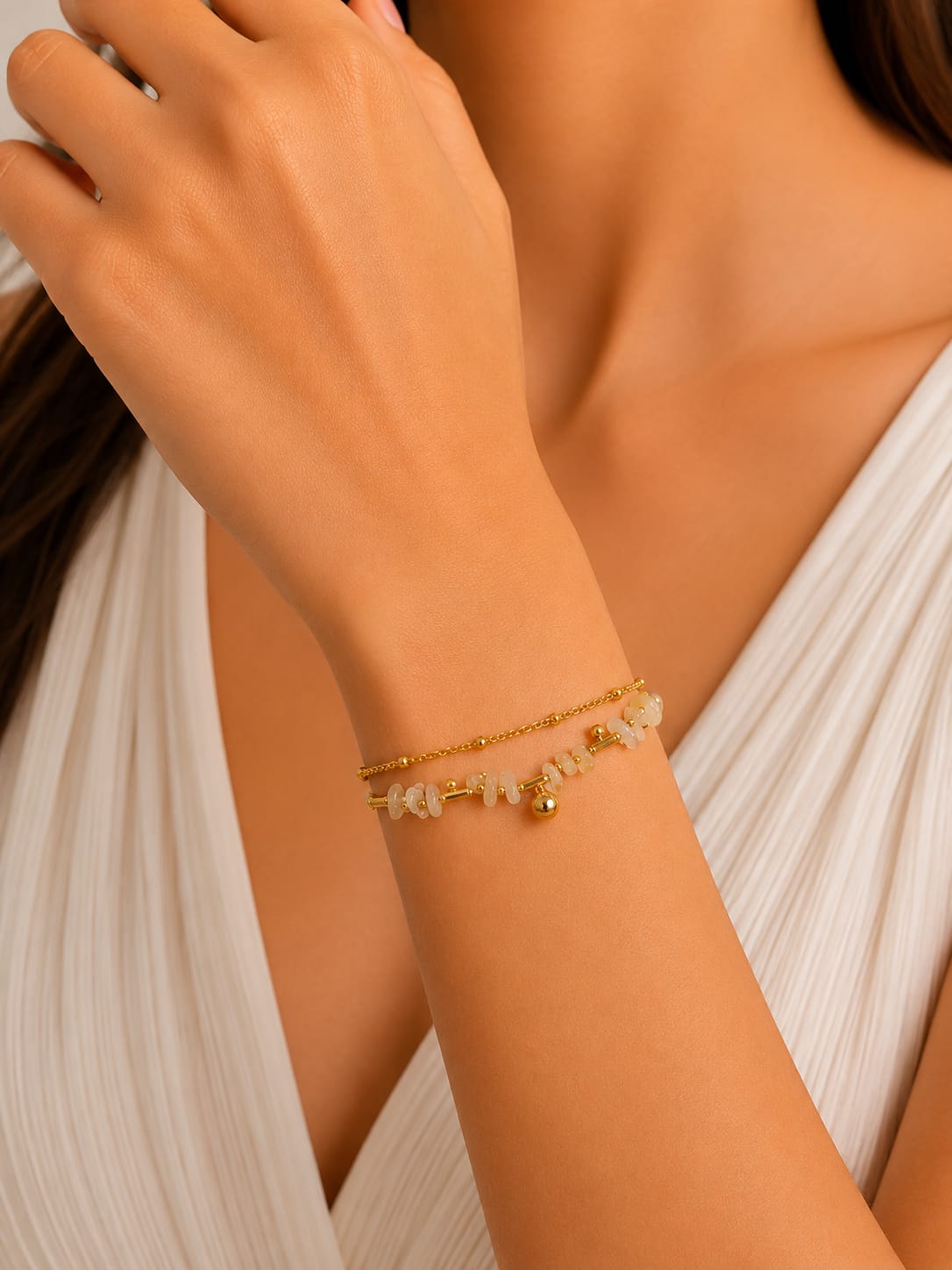 Women White Stone Layered Bracelet (Anti Tarnish)