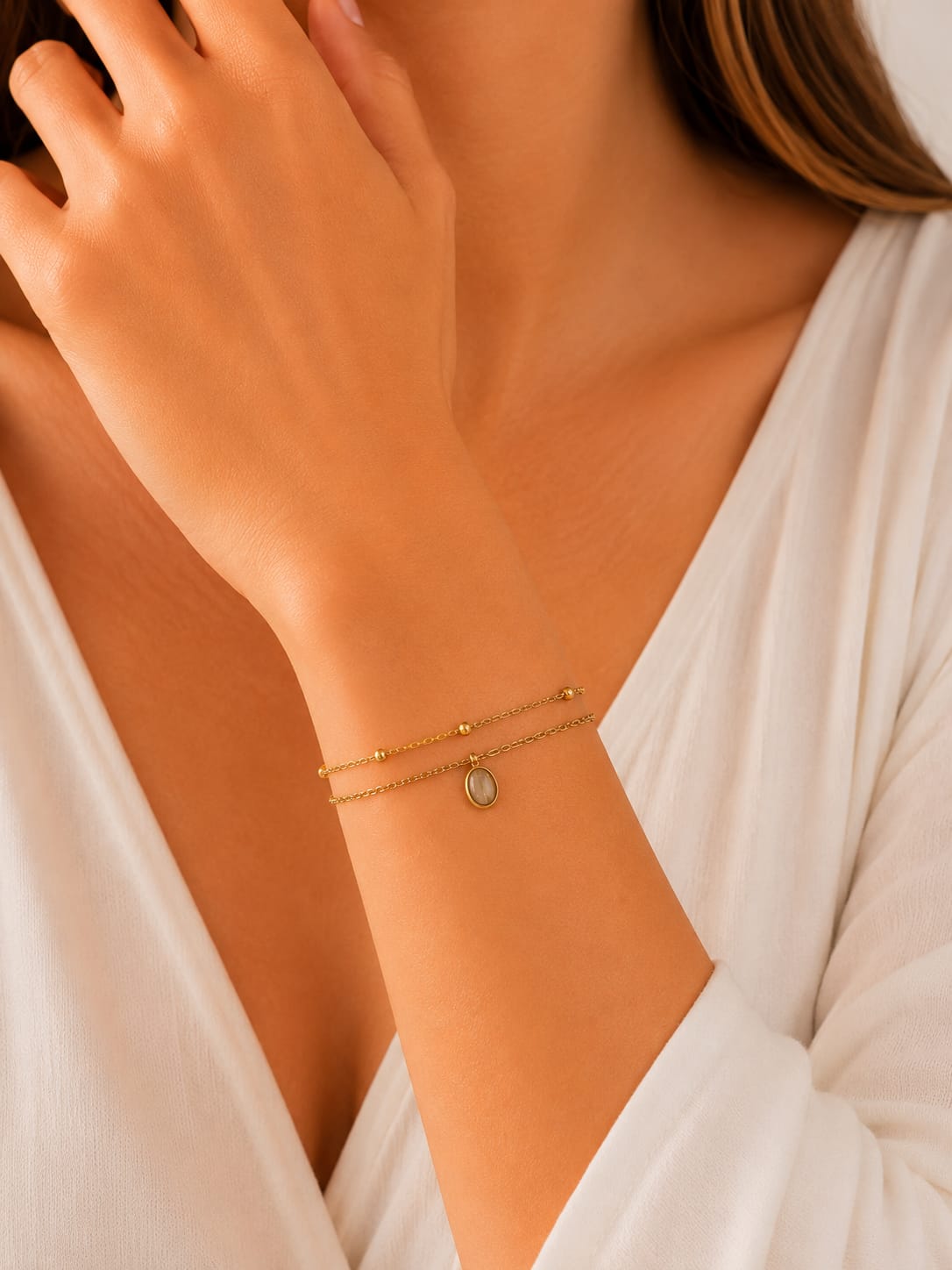 Women Grey Stone Layered Bracelet (Anti Tarnish)