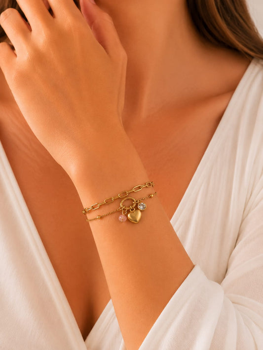 Women Heart Charm Hanging Layered Bracelet (Anti Tarnish)