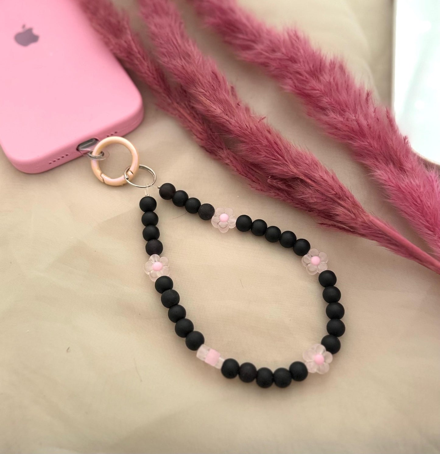 Matt Black Beads Pastel Flower Phone Hanging