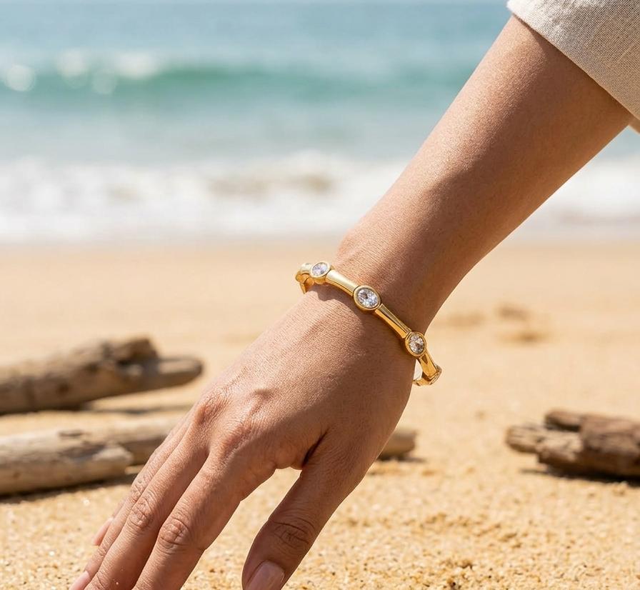 Trio Crystal Bezel gold kada bracelet