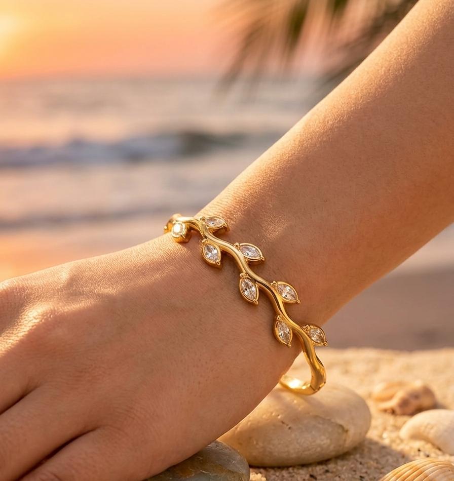Crystal Leaf Vine gold kada bracelet