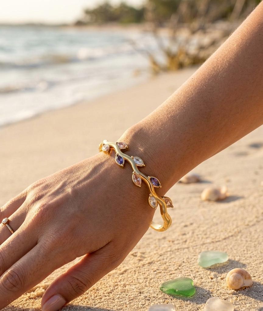 Gemstone Leaf Vine gold kada bracelet