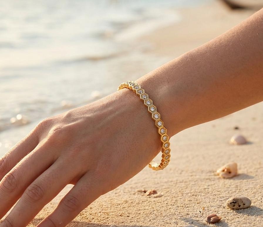 Honeycomb Crystal Link gold kada bracelet