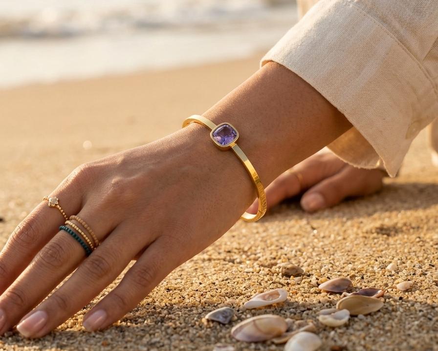 Amethyst Solitaire gold kada bracelet