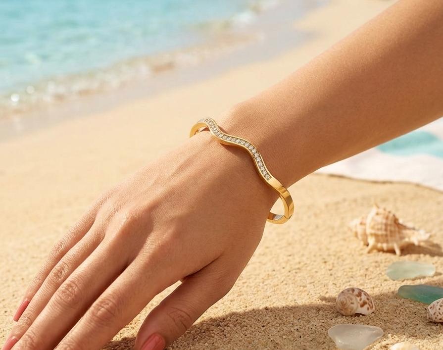 Wavy Crystal Line gold kada bracelet