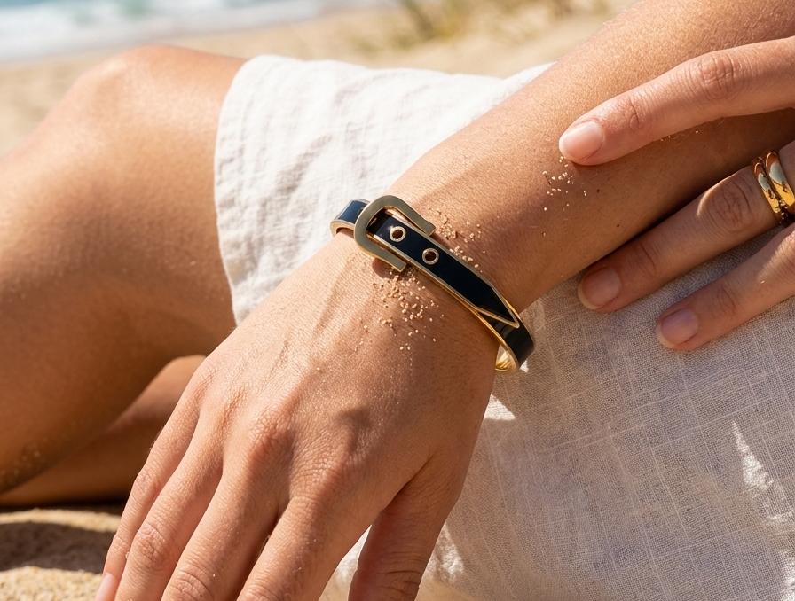 Black Enamel Accent gold kada bracelet