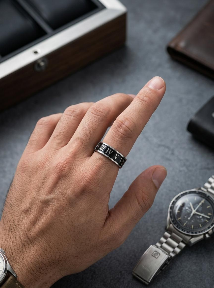 Silver Black Roman Numerical Men Ring