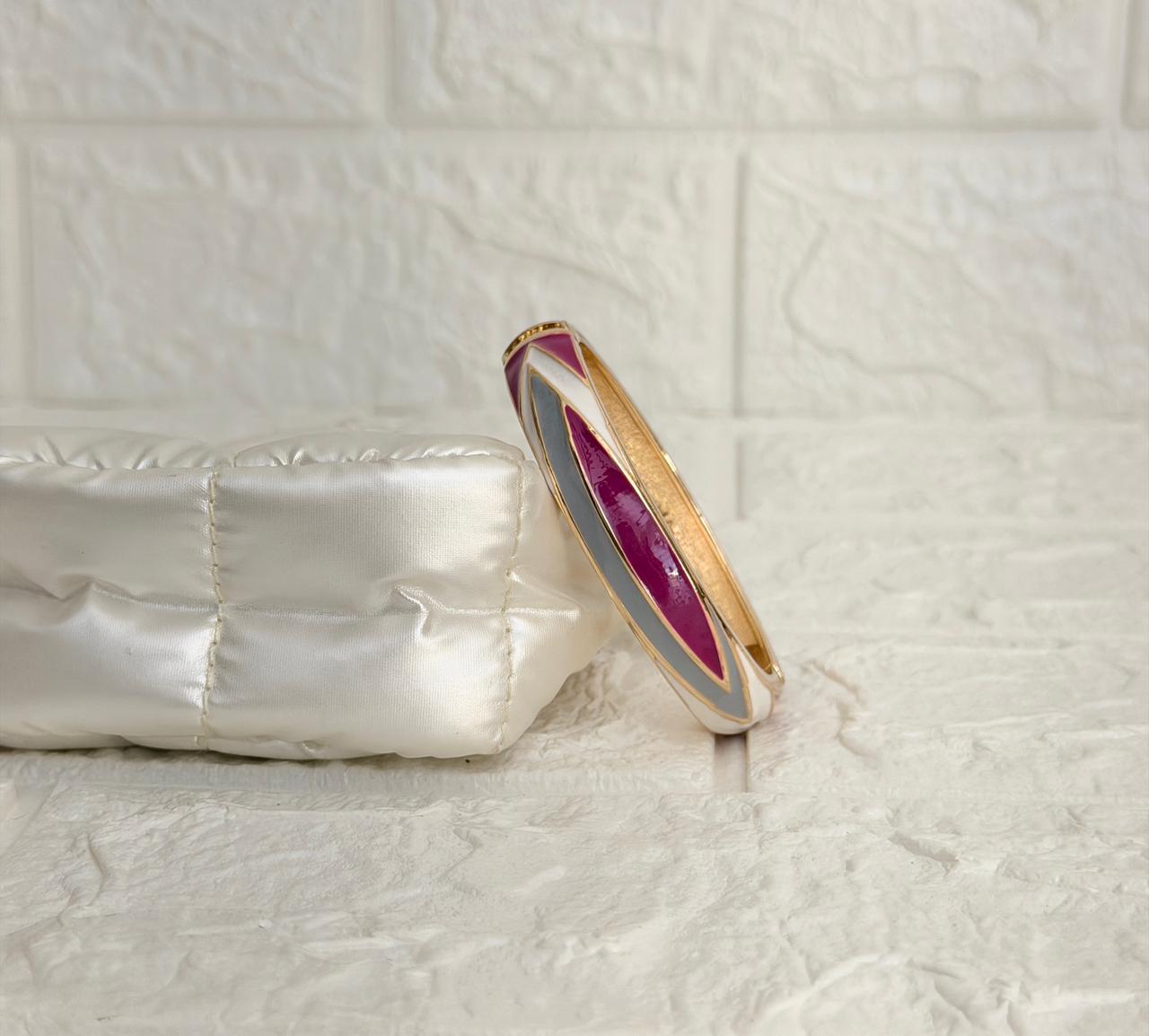 Aarvi Oval Enamel Kada - Magenta Grey Ivory