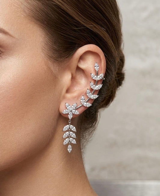 Women Silver Flower Long Earcuff (Single Ear) (Pressed) - Nimé By Shop Trendys