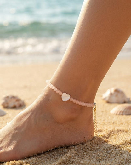 Women pink beaded heart charm anklet