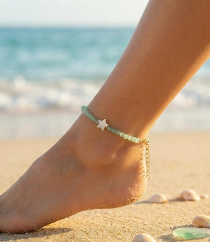 Women mint beaded white star charm anklet