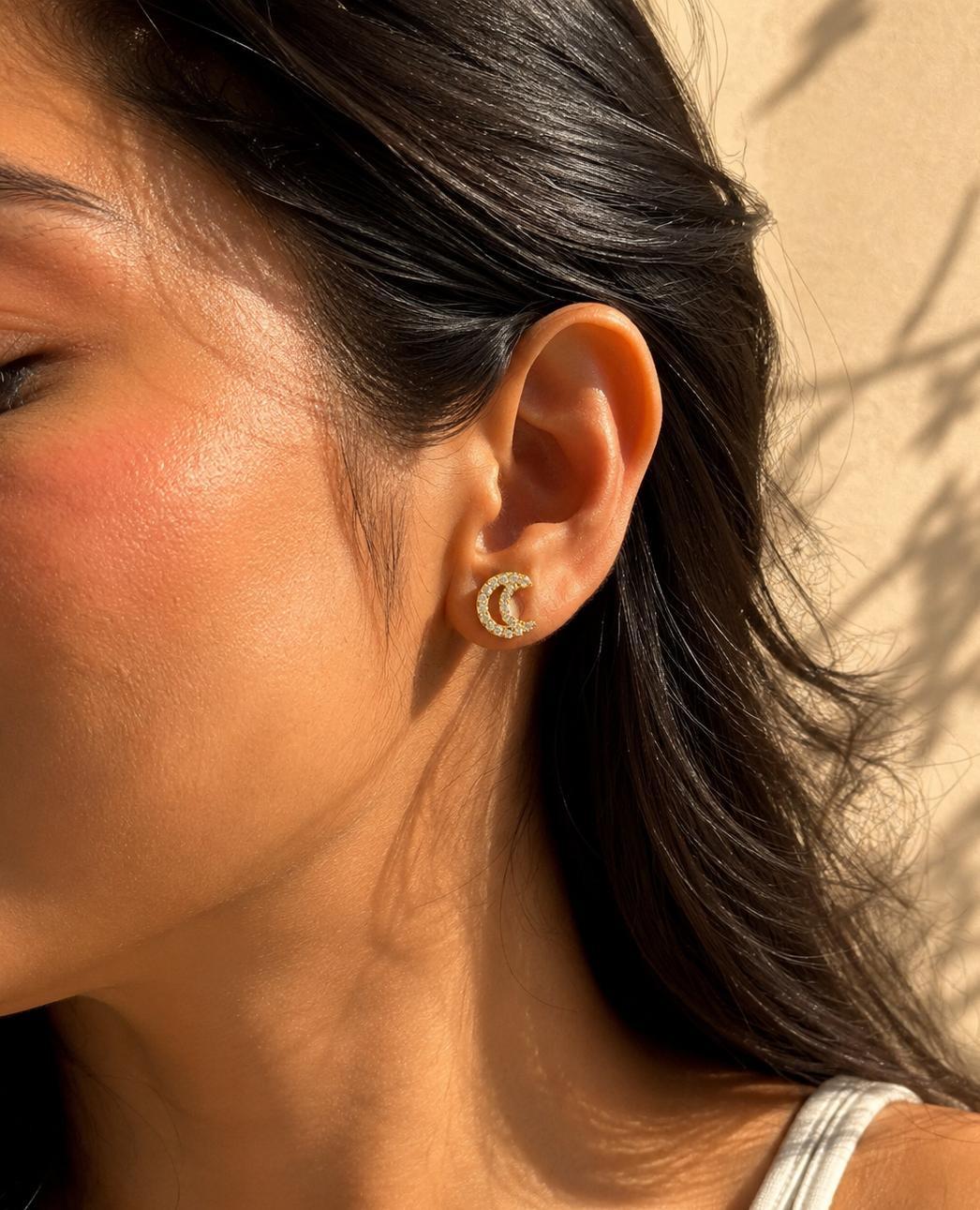 Anti Tarnish Crescent Moon Ball Back Studs - Golden Ear View